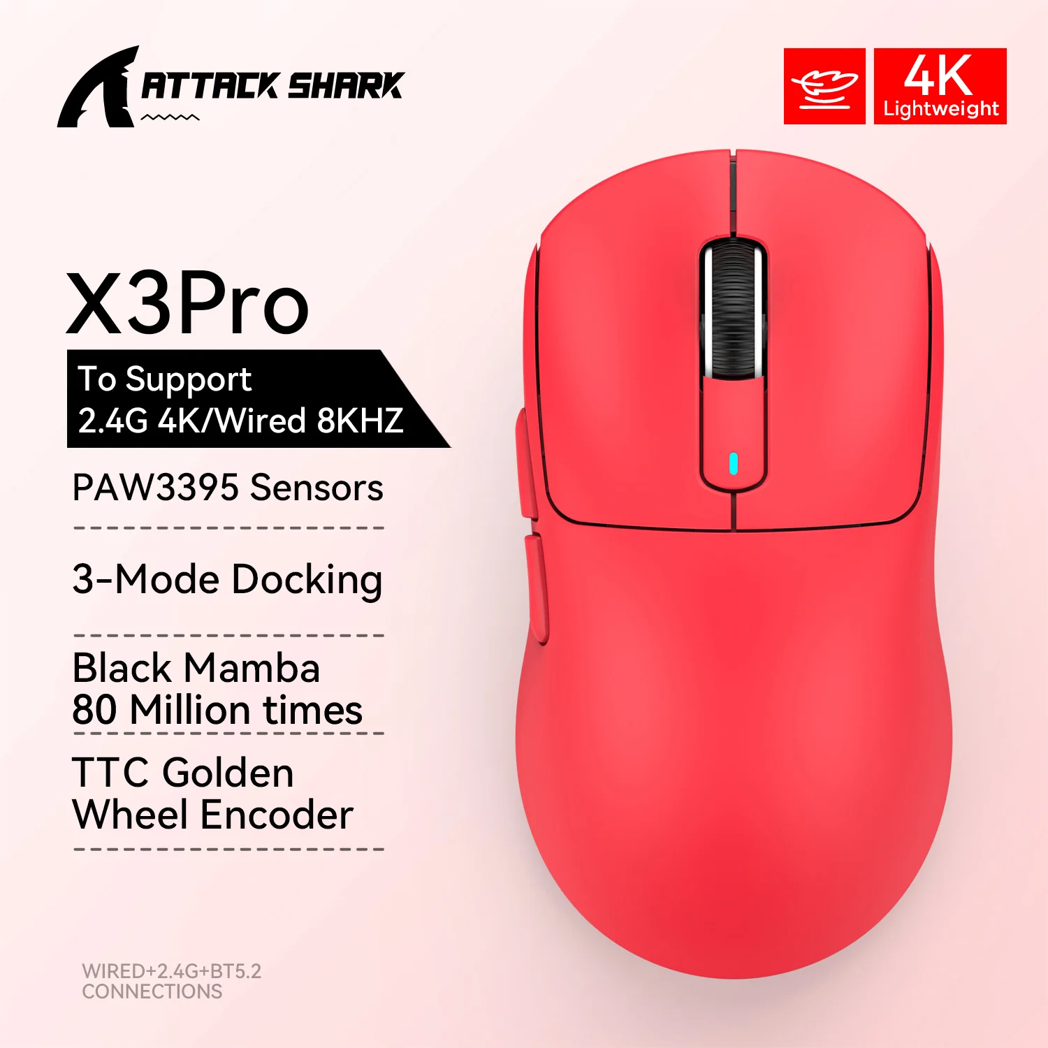 Attack Shark X3 PixArt PAW3395 Bluetooth Mouse,26000dpi,Wireless Tri-Mode Connection,Lightweight Macro Gaming Mouse