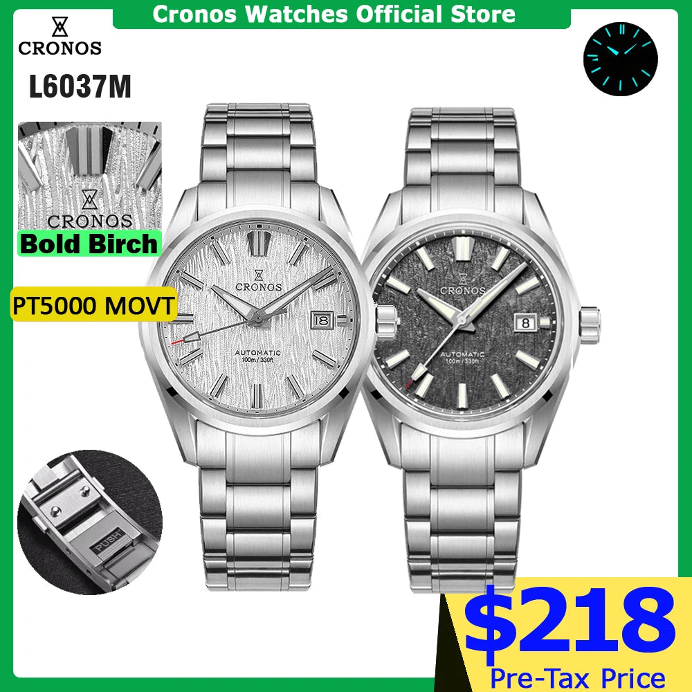 Cronos Men Watch 39mm Automatic Wristwatches White Dial Solid Links Sapphire 10 ATM L6037M