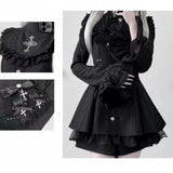 Japanese Y2K Aesthetics Vintage Bow Dress Shorts Set Women Gothic Lolita Style Long Sleeve Shirt Dress Elegant Party Dress Suits