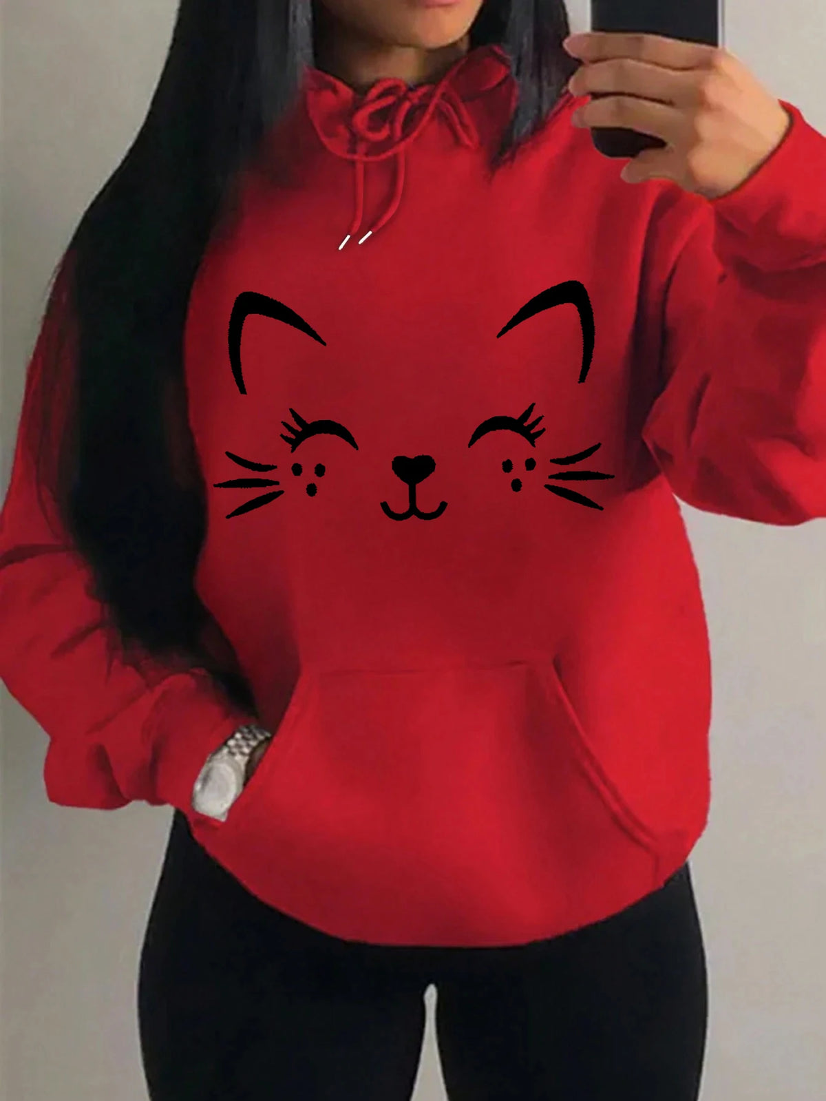 Women's Playful Cat Graphic Fleece Hoodie