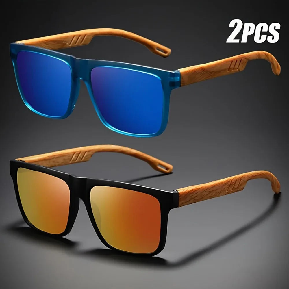 Square Wood-Grain Sunglasses – UV400 & Spring Hinges