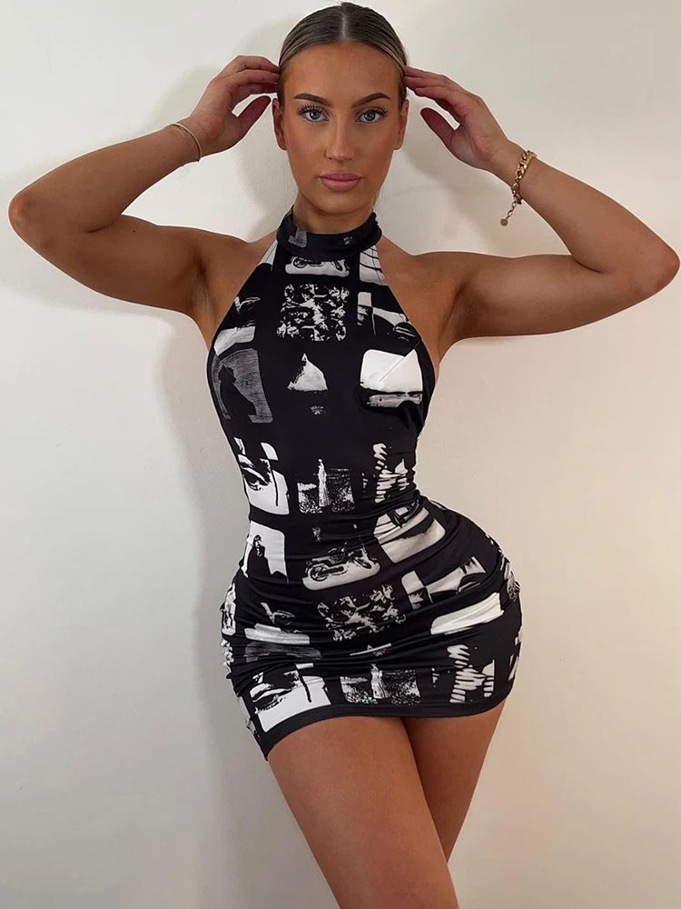 Vintage Print Halter Bodycon Mini Dress | Y2K Streetwear