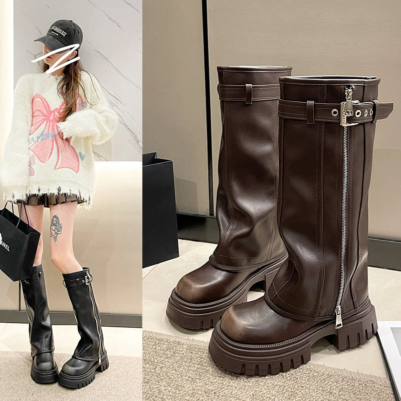 Women's Biker Boots – Belt Buckle Platform Mid-Calf