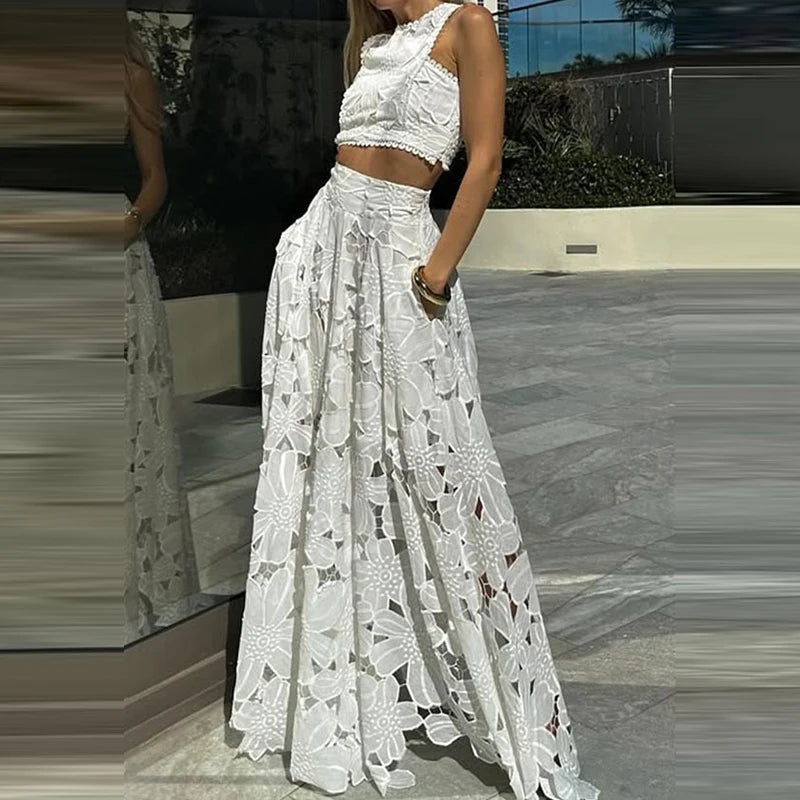 Elegant Boho Lace Embroidery 2-Piece Set | Sleeveless Crop Top & Maxi Skirt