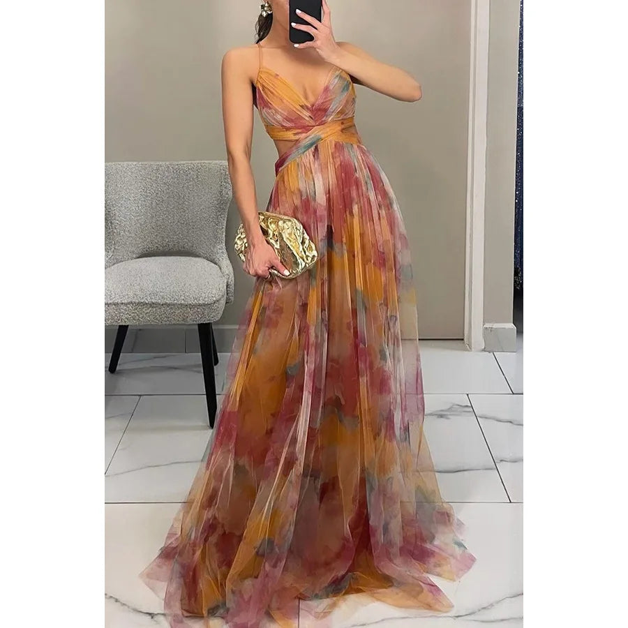 USA-Made Summer Floral Mesh Strap V-Neck Maxi Dress | Casual Holiday Party Long Skirt