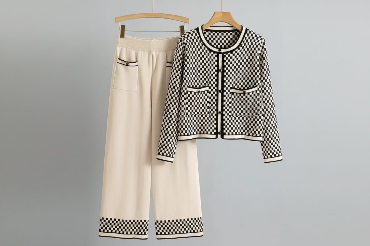 Women's Plaid Knit 2-Piece Set: Button-Down Cardigan & High-Waist Wide Leg Pants