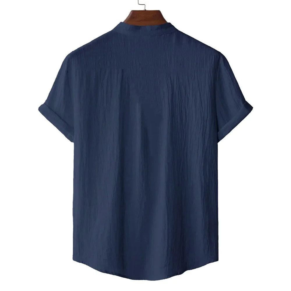 Men's Summer Cotton Linen T-shirt Beach Style Short SLeeve Henley Neck Vacation Hawaii Casual Lightweight Breathable Cozy Tops