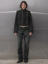 Y2K Retro Hussars Jacket Stand Collar Double Breasted Button Cropped Jacket Napoleon Old Money BLK Denim Jacket Women Boxy Coat