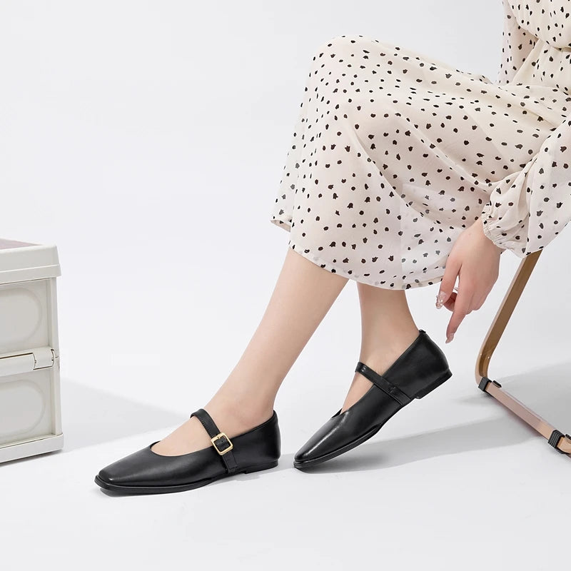 AIYUQI Mary Jane Ballet Flats | Genuine Leather Square Toe