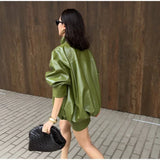 Vintage Green Leather Skirt Sets Women Fashion Solid Strapless Short Skirts Zipper Jacket Outfits Lady Daily Highstreet Outfits