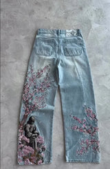 American Fashion Cherry Blossom Knight Embroidered Y2K Jeans