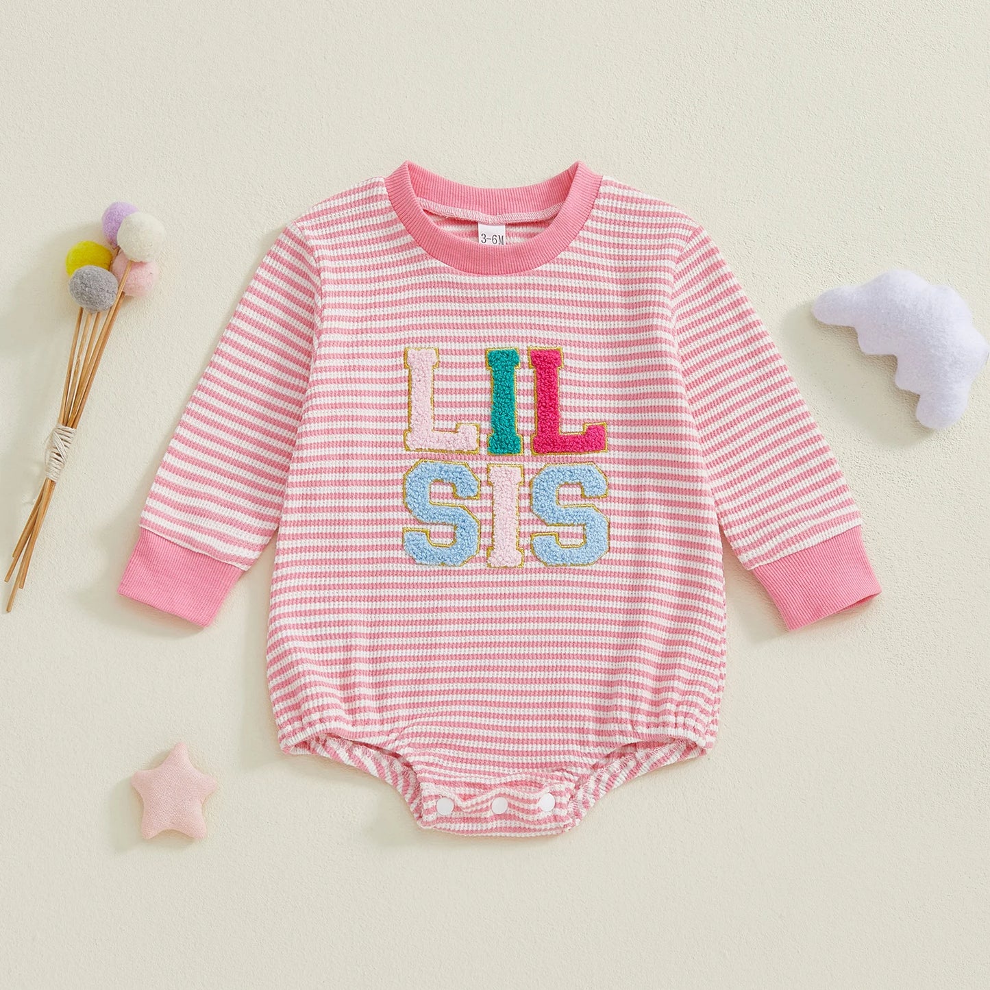 Infant Girls Jumpsuit Stylish Long Sleeve Crew Neck Romper with Embroidered Letters and Striped Design for Everyday Wear