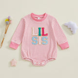 Infant Girls Jumpsuit Stylish Long Sleeve Crew Neck Romper with Embroidered Letters and Striped Design for Everyday Wear