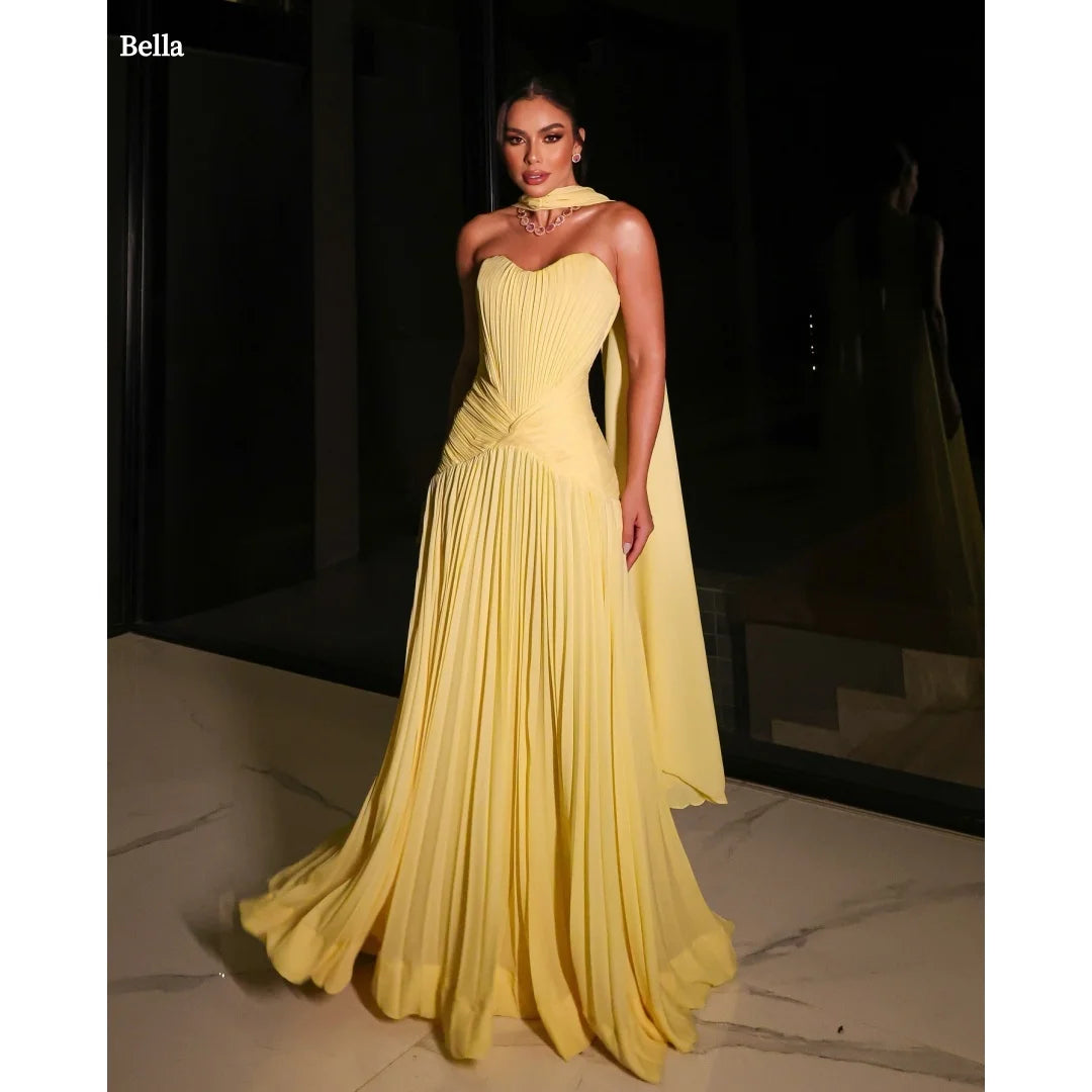 Bella Customized Yellow Strapless Pleated Ruched Bodice Cape Elegant Fitted Flowy Maxi Skirt Party Dresses robes de soirée 2025