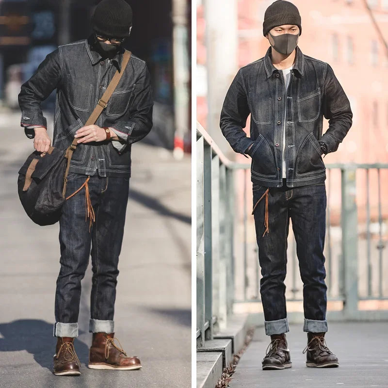 Maden Men's 14oz Raw Selvedge Denim Jeans Vintage Straight Fit Horsehide Leather Patch Paris Buckle Jeans for Autumn and Winter