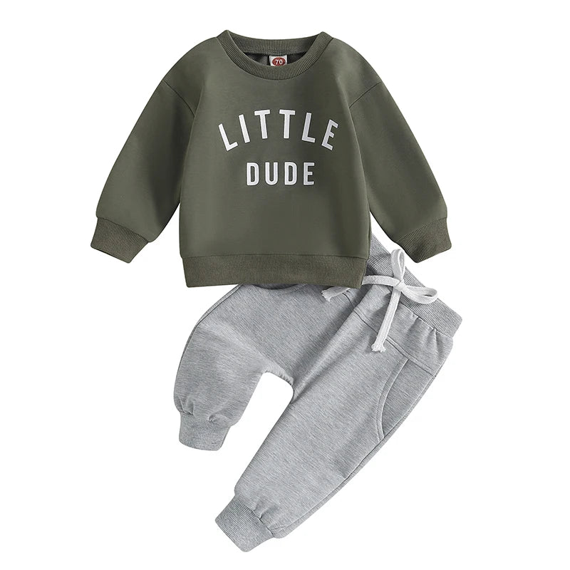 Toddler Boy "Little Dude" 2-Piece Fall/Winter Outfit | Long Sleeve Sweatshirt & Pants Set