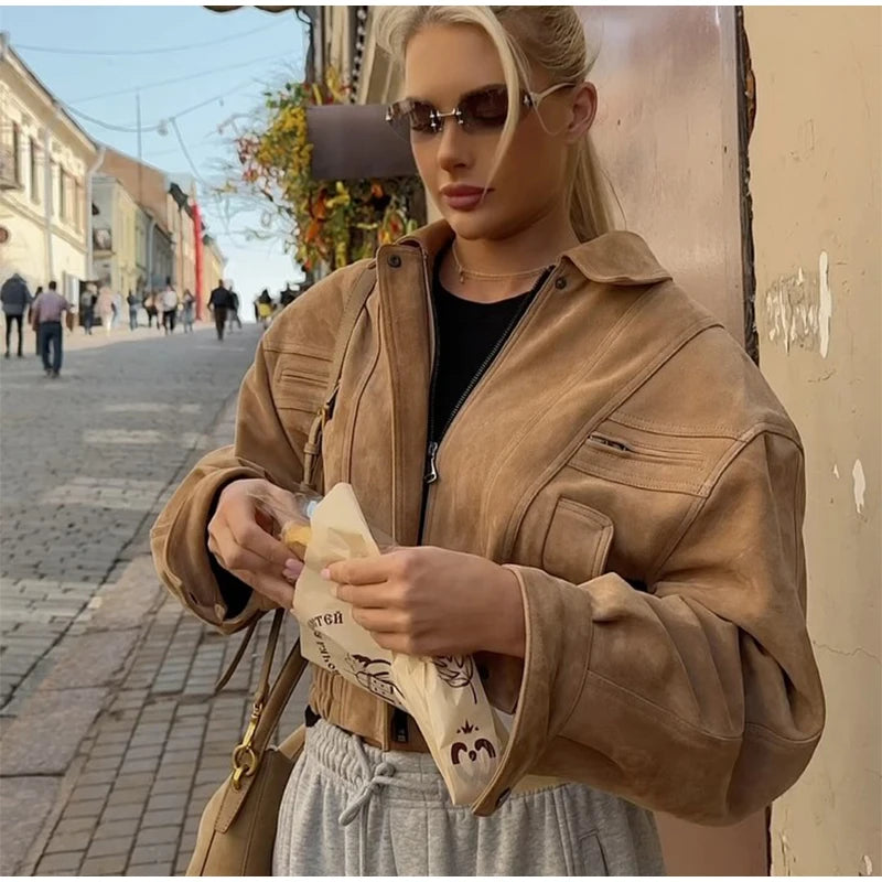 Brown Retro Suede Lapel Zippered Short Jackets Women's Casual Full Sleeves Pocket Loose Coats 2026 Spring Daily Commute Outwear