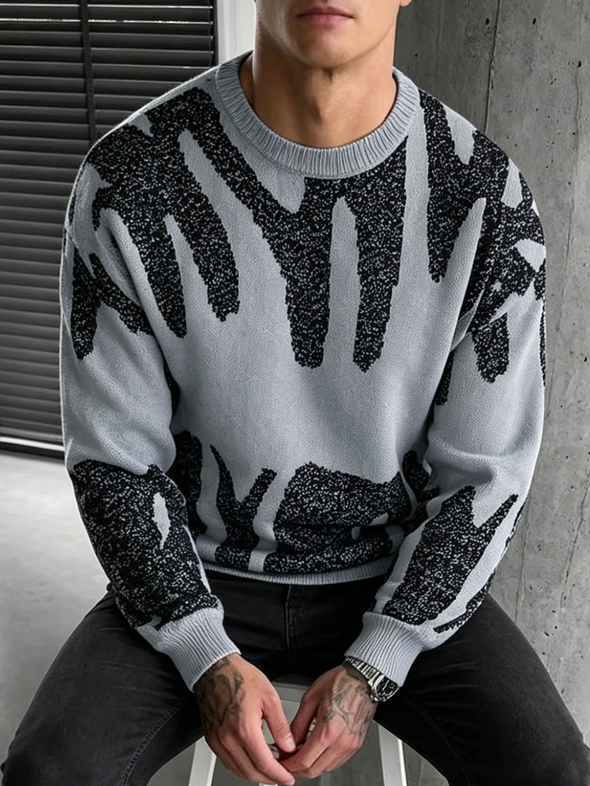 Men's Graffiti Jacquard Crew Neck Knit Sweater