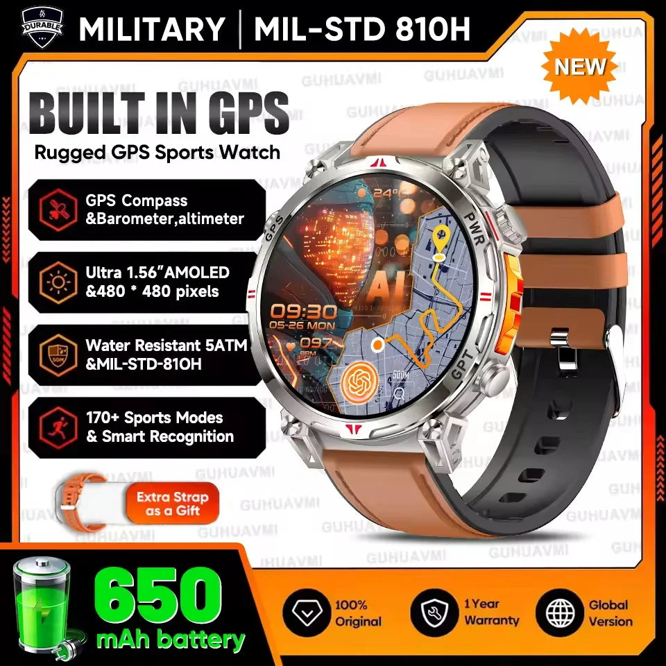 New Upgrade GPS Outdoor Sports SmartWatch Men With 5ATM Swim Compass Altimeter 1.56" AMOLED Heart Rate Bluetooth Call Smartwatch