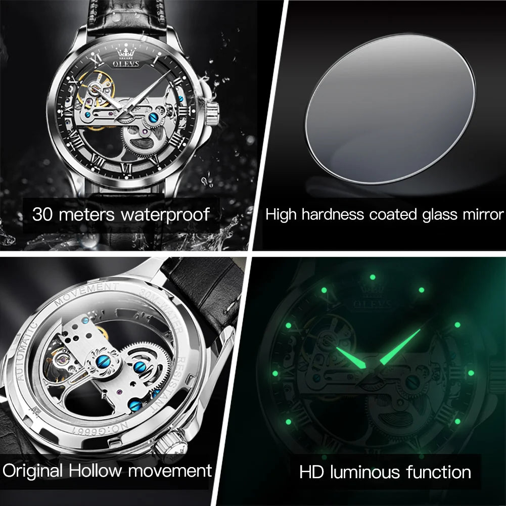 OLEVS 6661 Full Transparant Skelton Flywheel Automatic Mechanical Men's Watch Leather Strap Luxury Brand Original Man Wristwatch