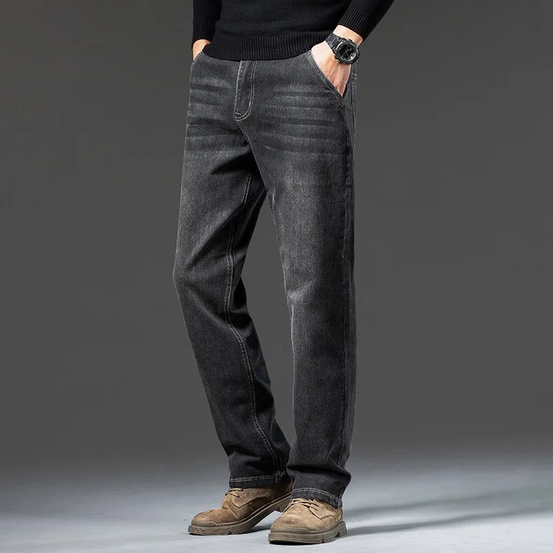 Men's Winter Fleece Thicken Lightweight Business Straight Leg Jeans Solid Color Versatile Slight Elastic Long Pants