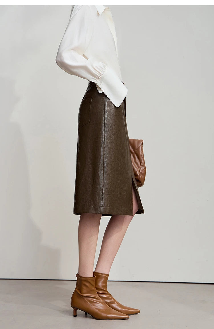 AMII Minimalist PU Leather Skirt for Women