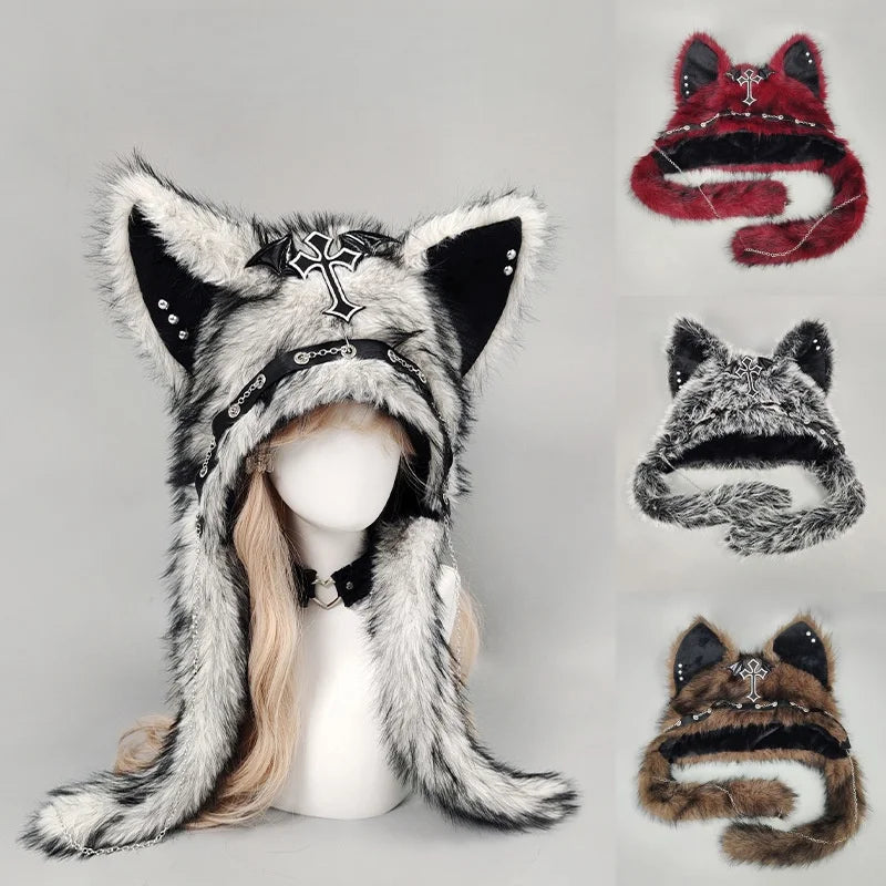 Gothic Plush Cat Ear Beanie – Y2K Punk Warm Cap