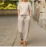 Women's Cotton Linen Suit Summer Matching Suit Half-sleeved Round Neck Tie Elastic Waist Trousers Wide-leg Pants Retro Suit 2024