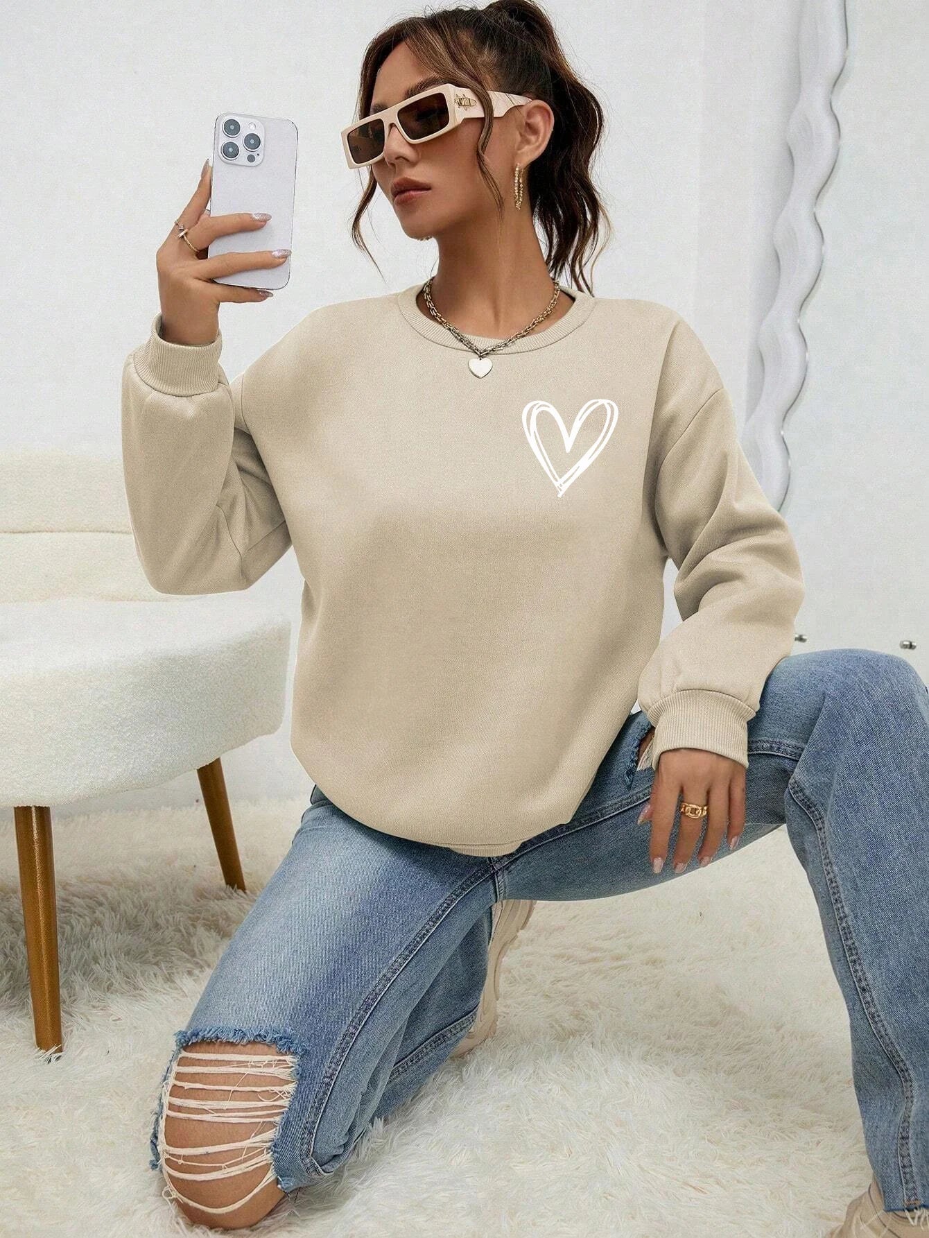 Heart Pattern Fleece Crewneck