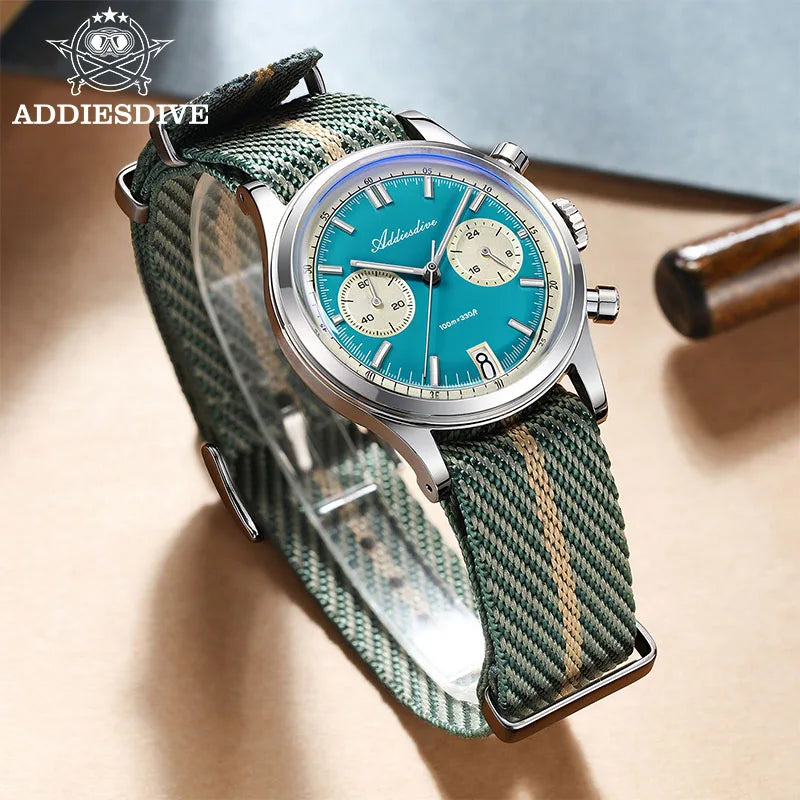 ADDIESDIVE Men's Quartz Chronograph Watch Luminous Bubble Glass 100m Waterproof Nylon Strap Watches For Man AD2095 Fashion Watch