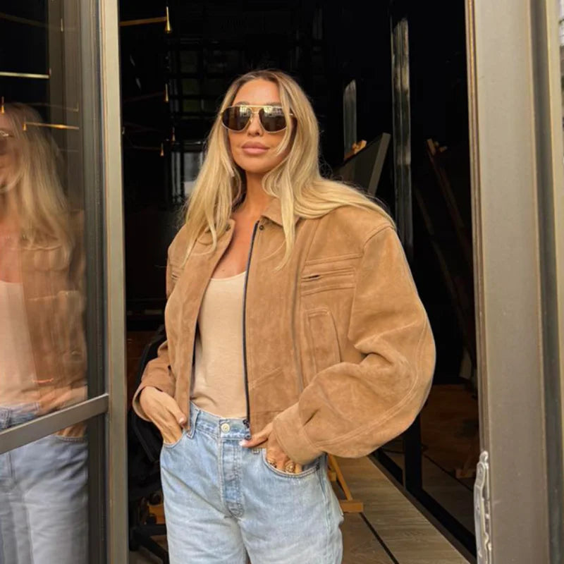 Vintage Suede Jacket For Women Long Sleeve Pocket Turn-down Collar Zipper Short Coat 2025 Autumn Winter Streetwear Lady Outwears