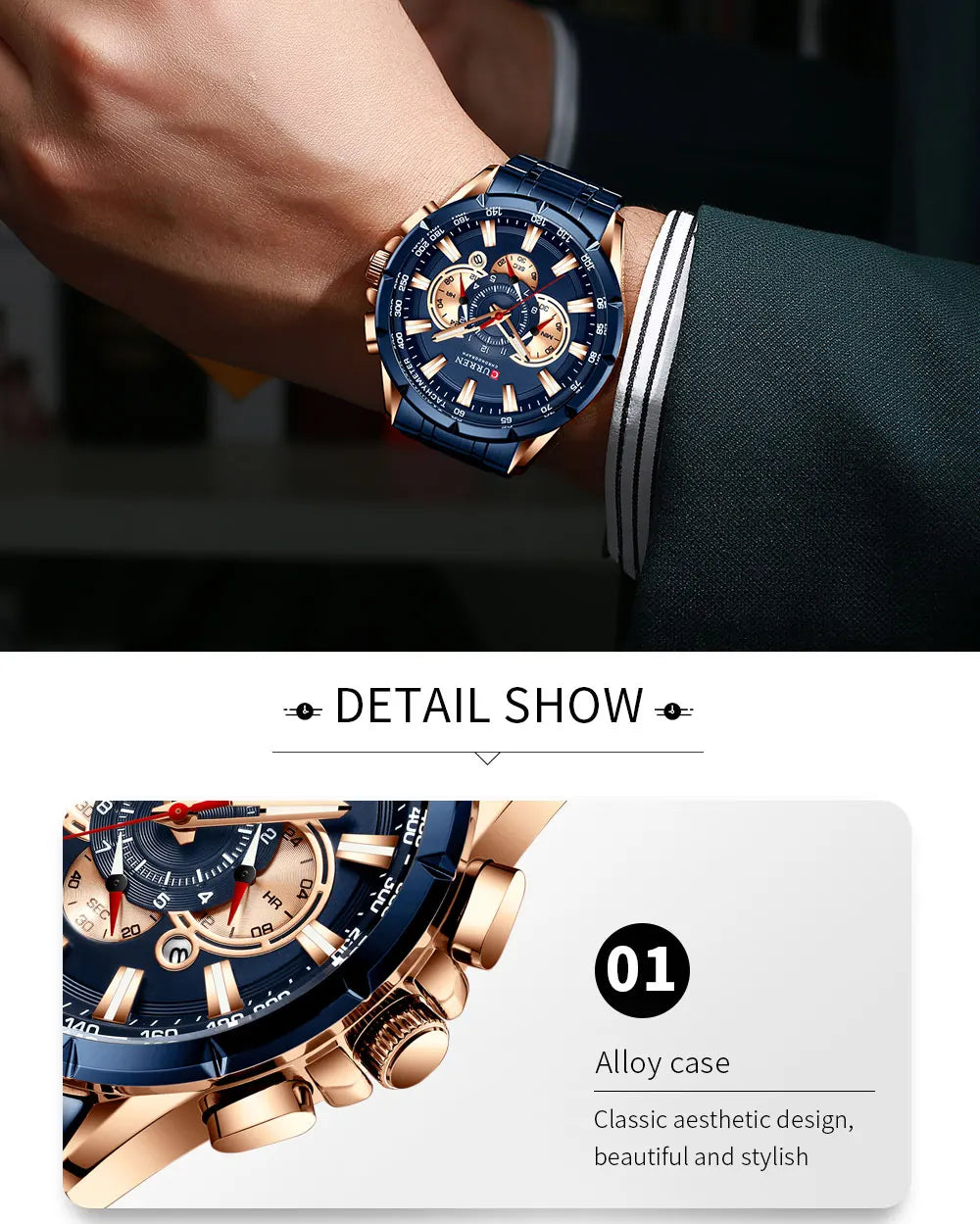 CURREN 8363 Casual Sport Chronograph Men's Watches Stainless Steel Band Wristwatch Big Dial Quartz Clock with Luminous Pointers