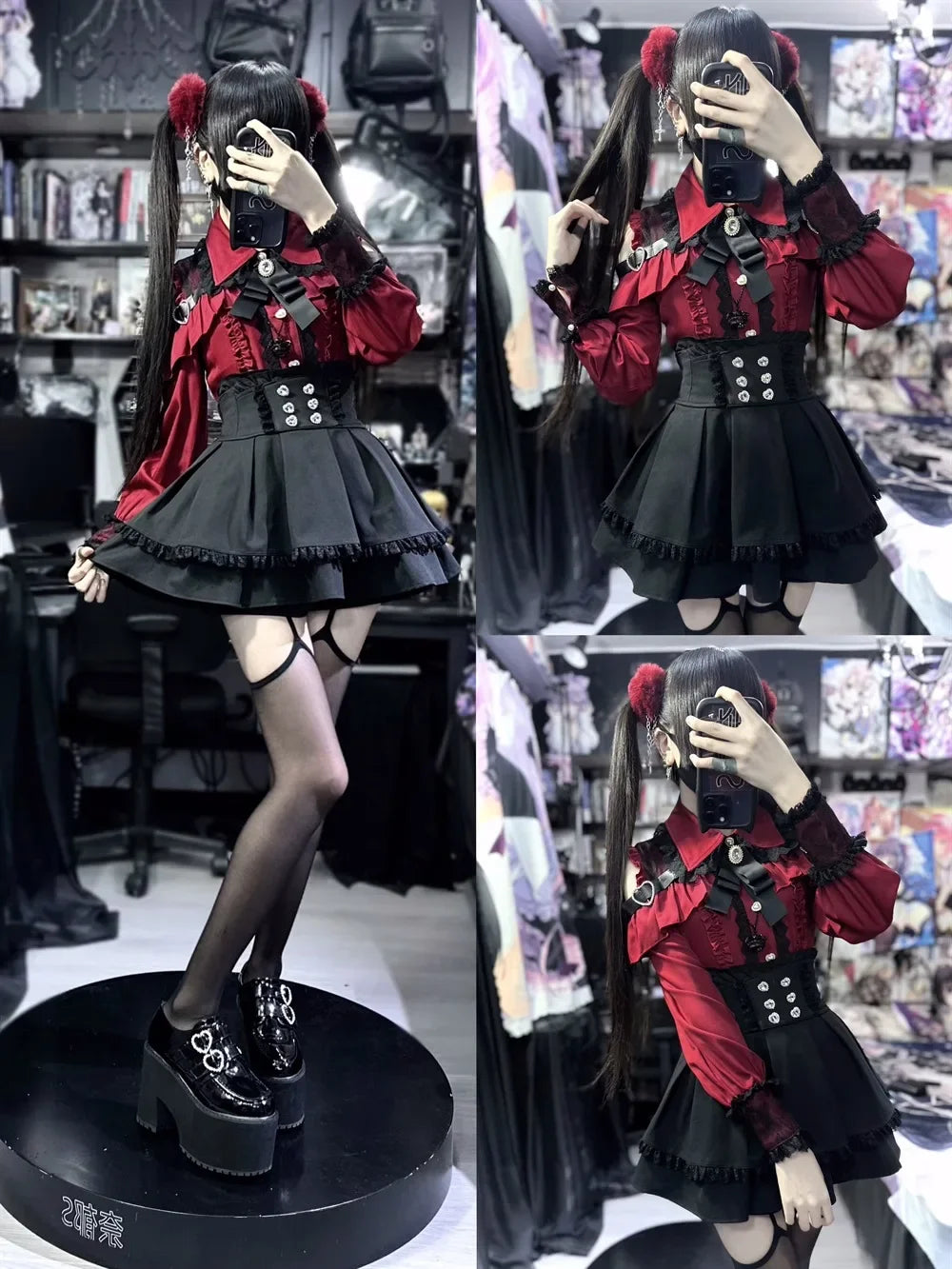 Women‘s Lolita Set Dark Femme Mesh Top & Waist Cinching Skirt, 2025 Autumn Japanese Street Style Coord for Gothic Baddie Fashion
