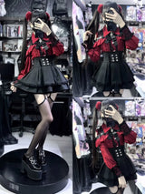 Women‘s Lolita Set Dark Femme Mesh Top & Waist Cinching Skirt, 2025 Autumn Japanese Street Style Coord for Gothic Baddie Fashion
