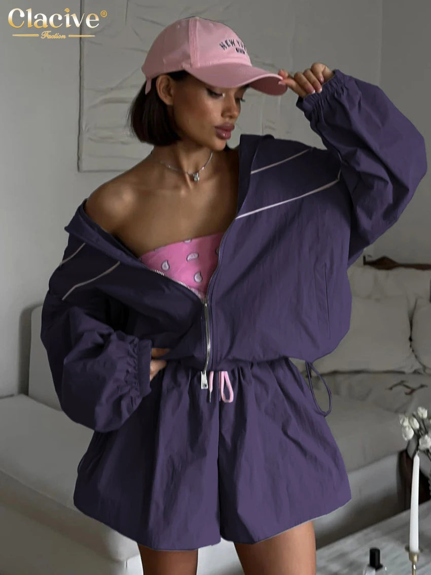 Clacive Fashion Loose Gray 2 Piece Sets Women Outfit 2024 Elegant Long Sleeve Shirt With High Waist Shorts Set Female Streetwear