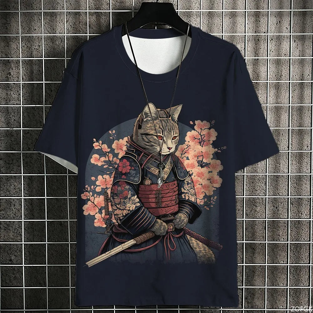 Japanese Samurai Cat Men's Anime T-Shirt – Summer 3D Print Tee