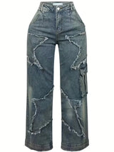 Star Embroidery High-Waist Stretch Jeans