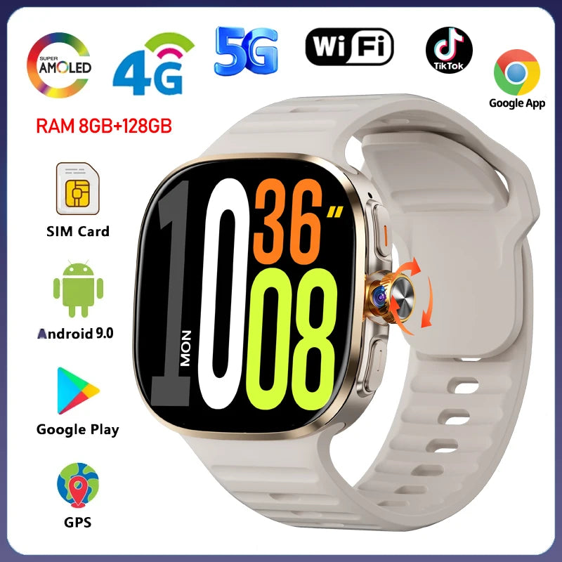 8GB+128GB RAM 4G/3G Smart Watch 2.40 inch AMOLED 2100mah Battery 900W Camera GPS WIFI Google APPS Download Smartwatch Android 10