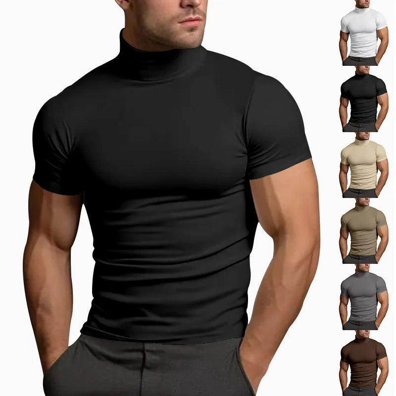 Men's compress T-shirts summer solid color short-sleeved men tops fashion yoga clothes men's tight turtleneck T-shirt