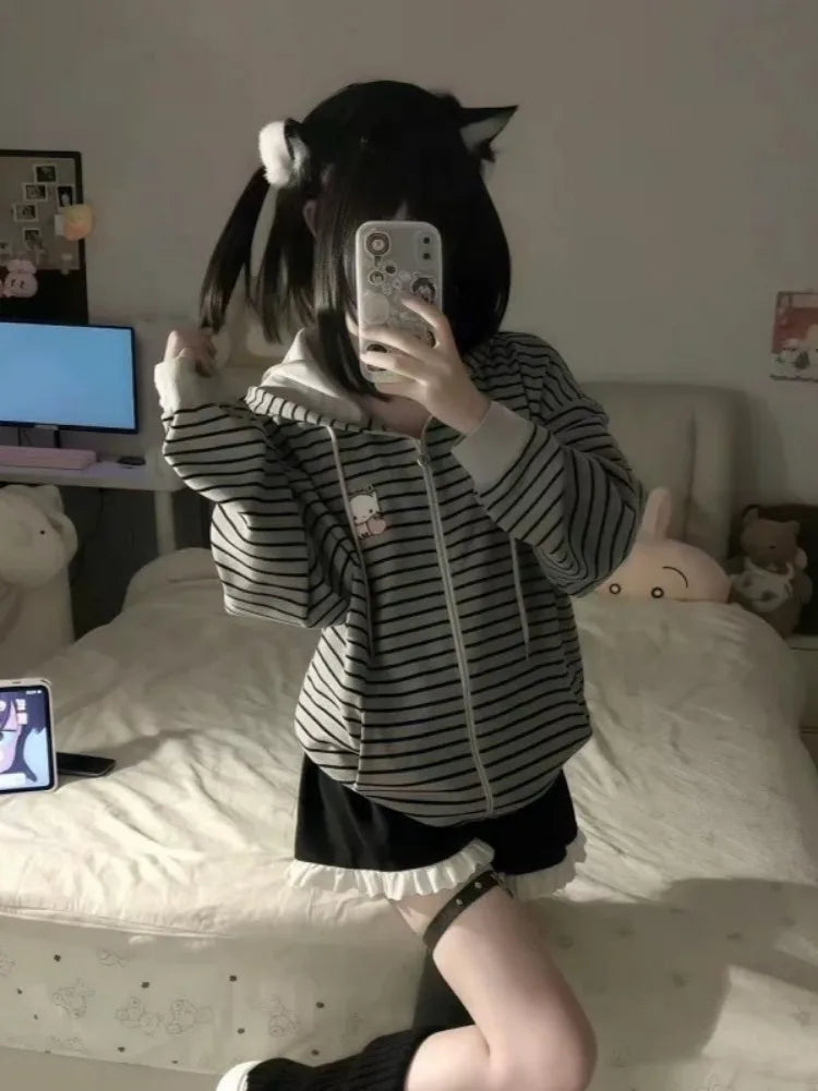 Women's Striped Cat-Ear Zip-Up Hoodie