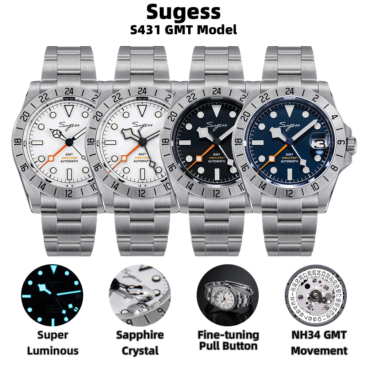 Sugess Men Watch GMT Automatic NH34 Movement 100M Waterproof Mechanical Wristwatches Dome Sapphire Crystal Limited Bracelet S463