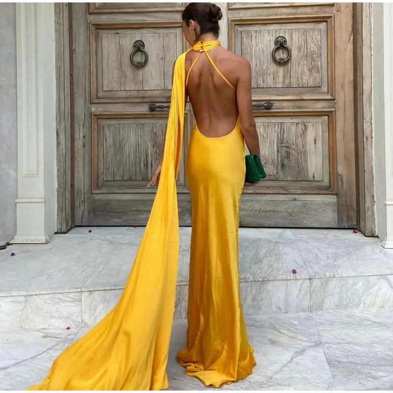 Elegant Ribbon Halter Maxi Dress