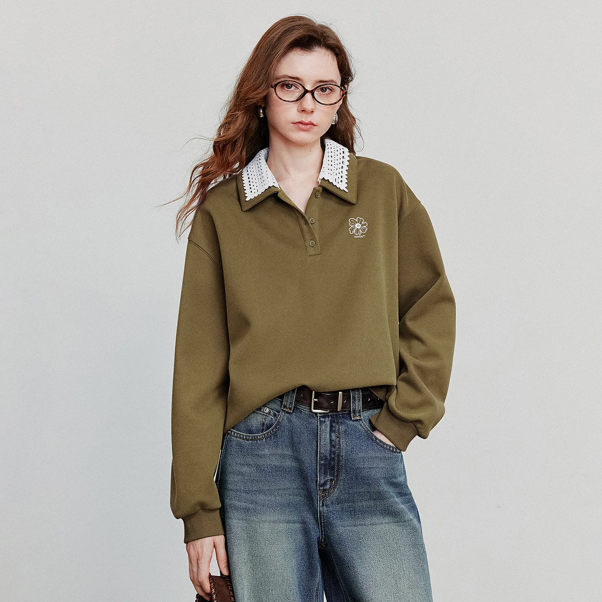 Women’s Green Colorblock Collared Sweatshirt