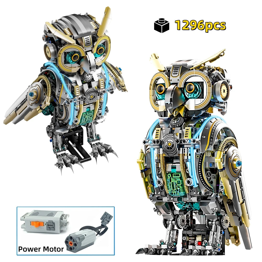 FUNXINEE 1296Pcs Motorized Owl Bricks Advanced Building Challenge Light Glowing Eyes Kinetic Motion MOC Display Collectible Gift