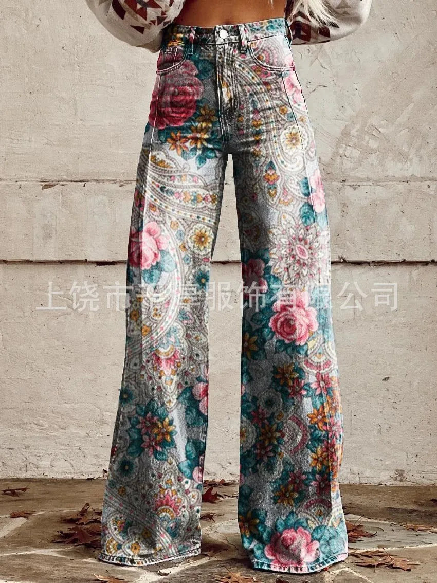 Women's 3D Print Wide-Leg "Jeans" – Trendy Low-Waist Flare Pants