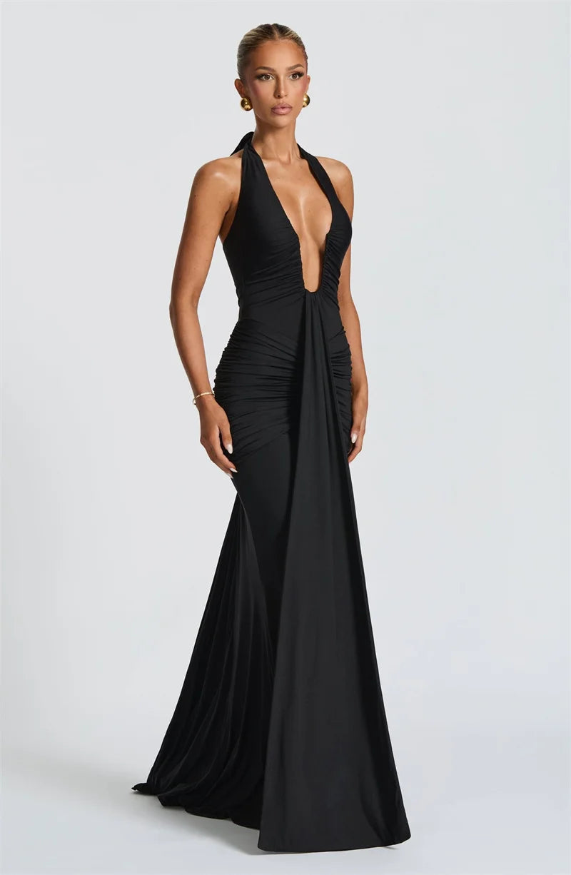 Elegant Deep V-Neck Halter Maxi Dress