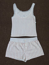 Strawberry Vest Shorts 2 Pieces Set Woman Eyelet Bow Slim Tank Top with Elastic Waist Patchwork Straight Short Pant Sweet Sets