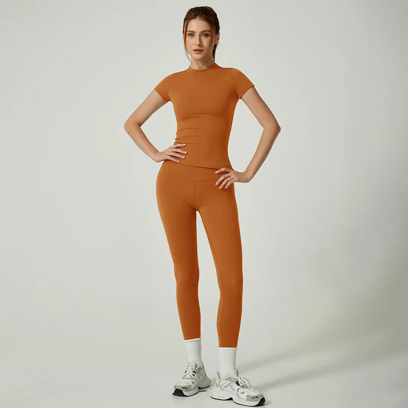 Quick-Drying Gym Leggings Set Sport Suit Short Sleeve Breathable Stretchy Slim Fitness Active Top Tight Gym Set
