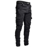Men Street Elastic Denim Jeans Wash Solid Color Multi Pockets Cargo Pants Casual Slim Fit Daily Wear Joggers Mid Waist Trousers