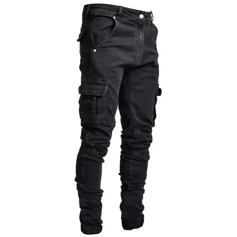 Men Street Elastic Denim Jeans Wash Solid Color Multi Pockets Cargo Pants Casual Slim Fit Daily Wear Joggers Mid Waist Trousers